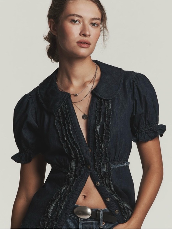 Anthropologie Tops - Anthropologie Dark Denim Ruffled Button-Front Blouse